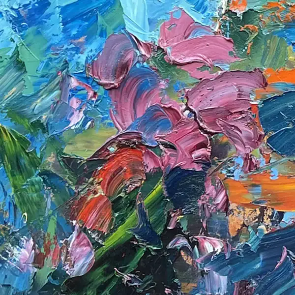 Close-up of vibrant pink and purple water lilies with thick palette knife strokes and heavy impasto texture on a blue background, by Agostino Veroni.