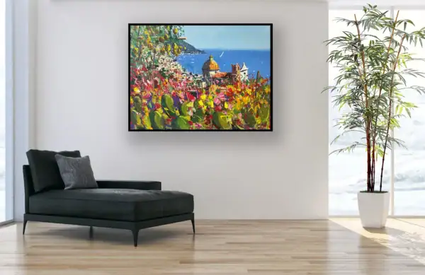 Large original Mediterranean oil painting by Agostino Veroni featuring Positano, hanging in a minimalist modern room with a black designer chaise longue.