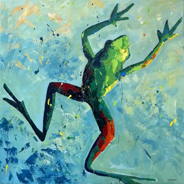 A square original green frog oil painting on canvas by Agostino Veroni, featuring a jumping green and red frog over an energetic blue background with heavy impasto.