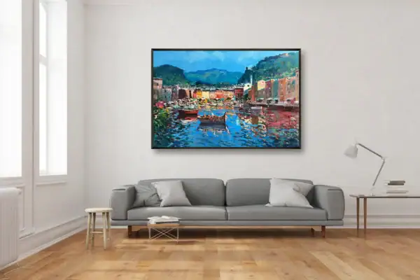 Original Portofino canvas art as a focal point in a bright, contemporary living room with a grey sofa.