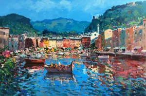 Original oil painting of Portofino harbor with colorful boats and house reflections, Mediterranean seascape with heavy impasto texture by Agostino Veroni.
