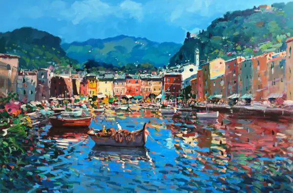 Original oil painting of Portofino harbor with colorful boats and house reflections, Mediterranean seascape with heavy impasto texture by Agostino Veroni.