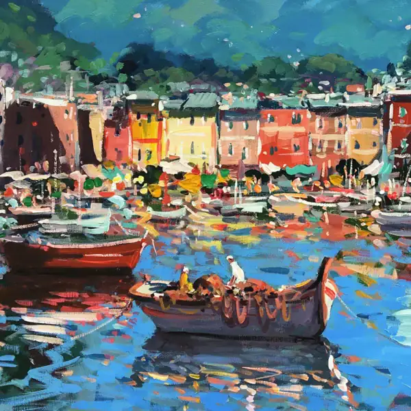Close-up of the palette knife technique on a wooden boat and water reflections in an original Portofino painting.
