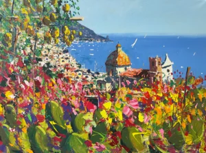 Original Positano oil painting by Agostino Veroni, featuring iconic Mediterranean cactus and red flowers in the foreground, with the golden church dome and the coastal town overlooking the blue sea.