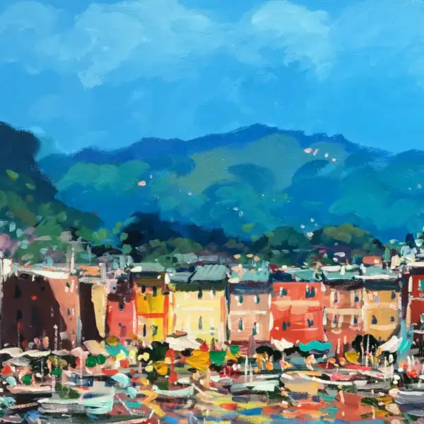 Detailed view of the vibrant colors and thick oil paint layers representing the Portofino coast and harbor.