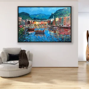 Portofino panoramic harbor oil painting on canvas displayed in a modern living room, hand-painted modern impressionist artwork with wide coastal view.