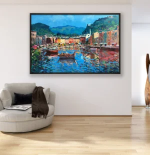 Portofino panoramic harbor oil painting on canvas displayed in a modern living room, hand-painted modern impressionist artwork with wide coastal view.
