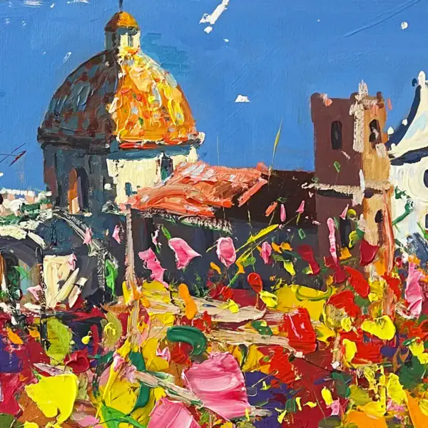 Detailed close-up of an original Positano oil painting by Agostino Veroni, showing the golden church dome and vibrant red flowers with thick palette knife texture.