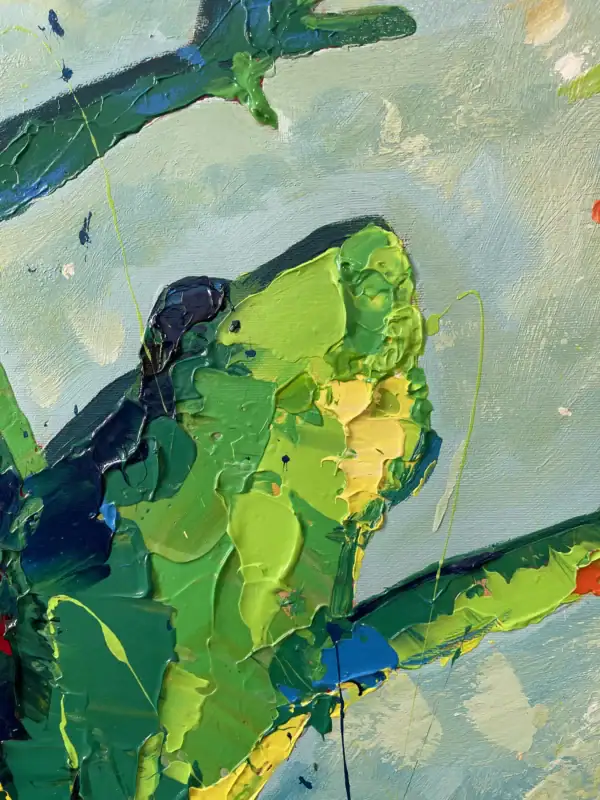 Close-up vertical macro view focusing on the thick, layered palette knife strokes of olive and bright green on the frog's face.