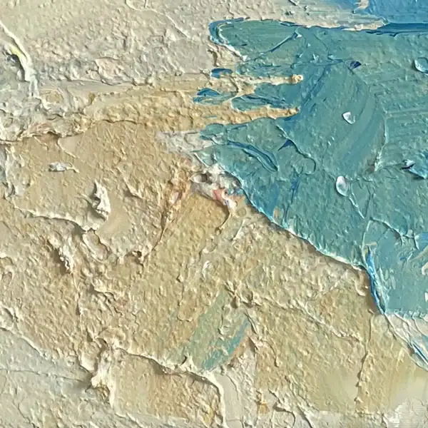 Macro shot of heavy impasto oil paint texture representing golden sand, showing the incredible three-dimensional depth of Agostino Veroni’s technique.