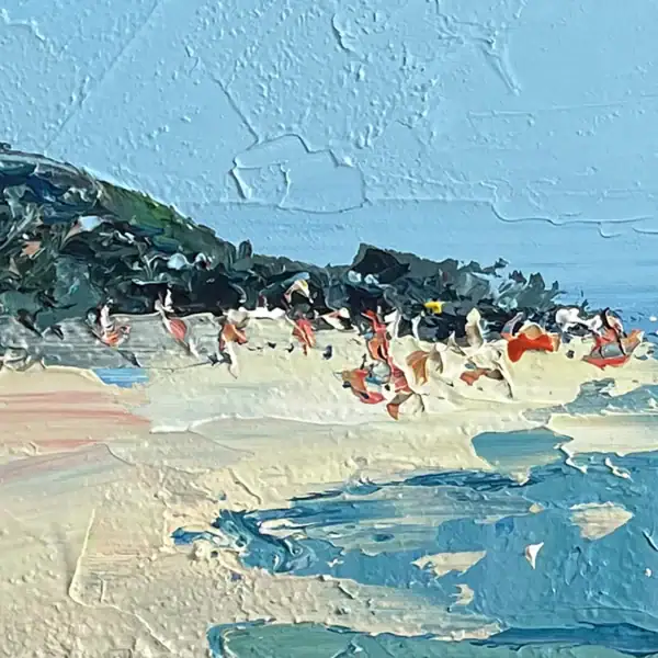 Detailed view of a crowded Italian beach with colorful umbrellas and bathers, capturing the joyful atmosphere of a Mediterranean summer on canvas.
