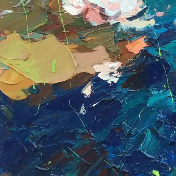 Macro view of a water lily blossom and surrounding deep blue water, showcasing the energetic and tactile palette knife work typical of Agostino Veroni's modern expressionist style.