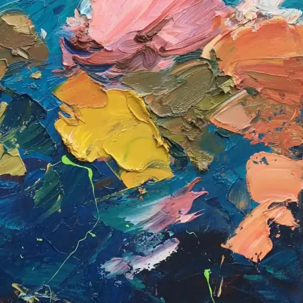 Detail of expressive palette knife strokes, with dense oil paint creating depth, movement, and overlapping floral forms.