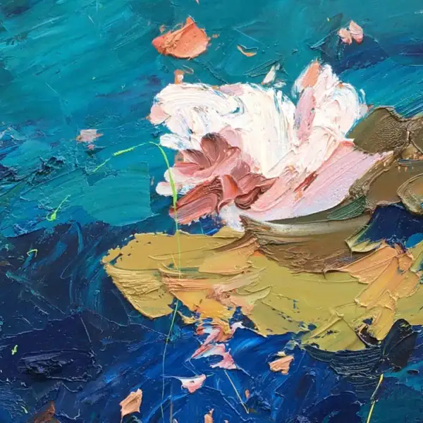 A macro detail of the central panel of the water lilies triptych by Agostino Veroni, showing thick, sculpted white and pink petals with heavy impasto texture over deep teal and blue water.