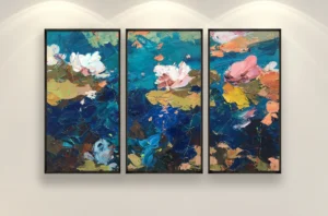 An original three-panel triptych oil painting of water lilies by Agostino Veroni, featuring white and pink blossoms on deep blue water with heavy impasto palette knife texture.