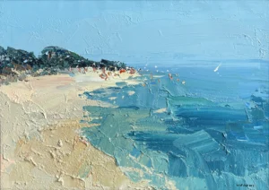 Original oil painting of a sunny Italian beach with turquoise water and heavy impasto texture, hand-painted on canvas by Agostino Veroni in a modern impressionist style.