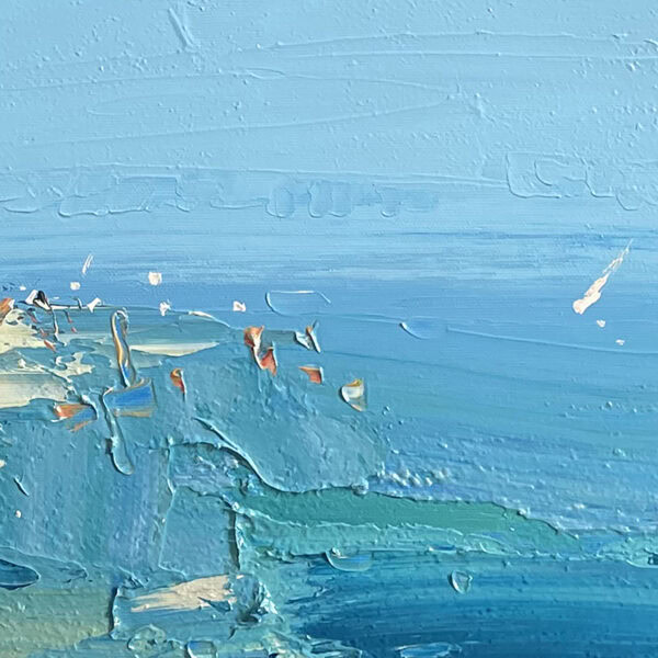 Close-up of bright turquoise ocean waves and sky, highlighting the expressive palette knife strokes and vibrant sea colors in Agostino Veroni’s beach painting.