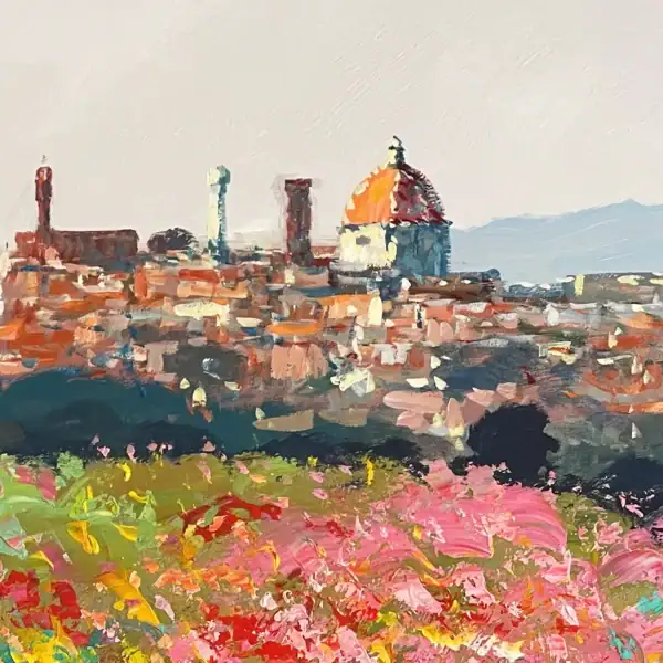 Macro shot of the Florence city skyline in the oil painting, focusing on the Duomo and Giotto's Bell Tower, created with delicate palette knife strokes.