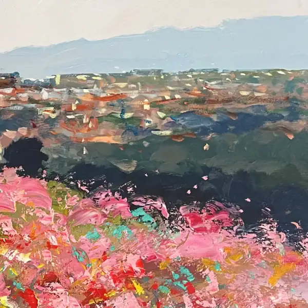 A close-up detail of the distant Florentine architecture and the rolling Tuscan hills, emphasizing the interaction of light and color in this modern impressionist work.