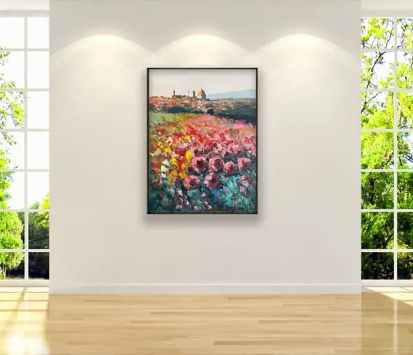The Florence oil painting displayed on a gallery-style wall with spotlighting, framed between two large windows, highlighting the vibrant pink and red floral foreground.
