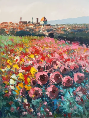 An original vertical oil painting of Florence by Agostino Veroni, featuring the city's iconic skyline in the background and a vibrant foreground of textured pink and red roses, created with a palette knife.