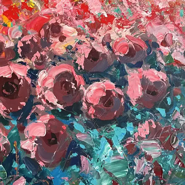 Detailed close-up of the vibrant pink and red roses in the foreground, showcasing the heavy impasto technique and the rich, tactile surface of the oil paint.