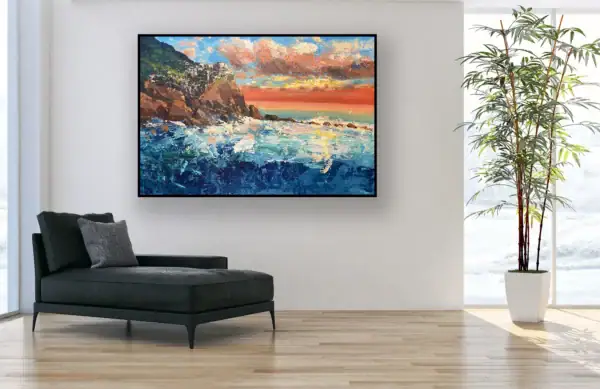 Original Manarola sunset oil painting by Agostino Veroni in a minimalist modern room, showing how Italian coastal art enhances professional and home spaces.