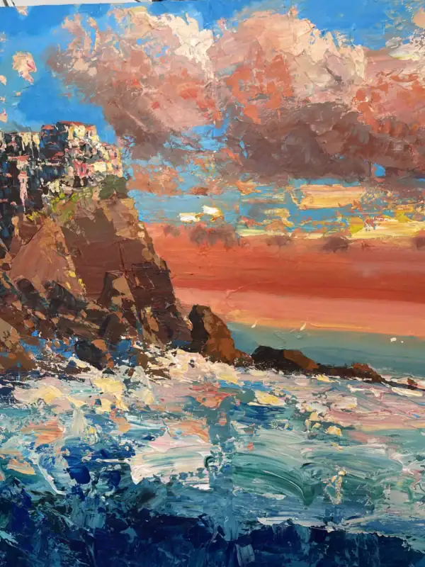 Macro detail of heavy impasto palette knife texture on the cliffs and houses of Manarola, showing the artistic depth and vibrant oil colors by Agostino Veroni.