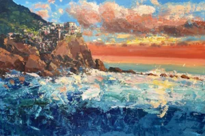 Original oil painting of Manarola, Cinque Terre at sunset, featuring heavy impasto texture and vibrant coastal colors, hand-painted on canvas by Agostino Veroni.