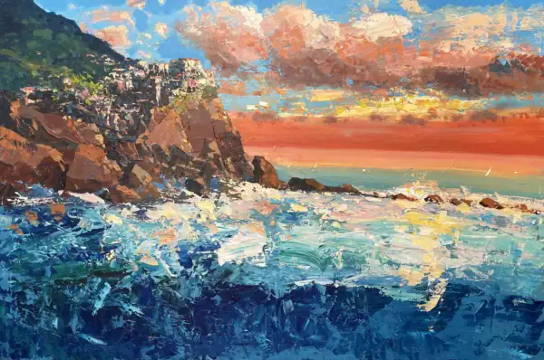 Original oil painting of Manarola, Cinque Terre at sunset, featuring heavy impasto texture and vibrant coastal colors, hand-painted on canvas by Agostino Veroni.