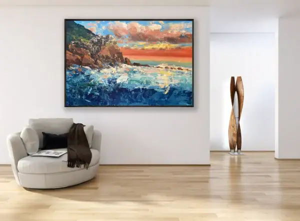 Luxury living room interior featuring a sunset oil painting of Manarola, Cinque Terre, by Agostino Veroni, ideal for modern coastal home decor.