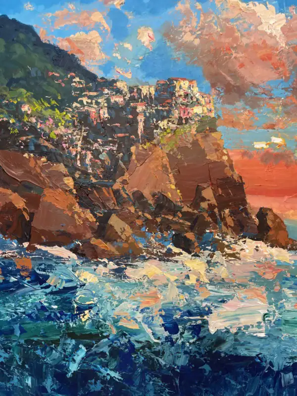 Close-up of expressive palette knife strokes representing crashing ocean waves and sea foam in a modern impressionist seascape of the Cinque Terre.