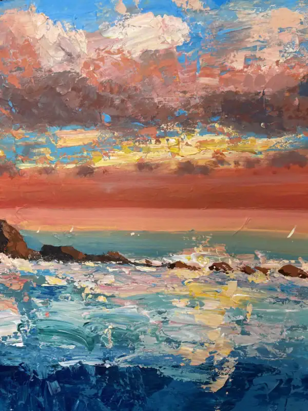 Detailed view of the vibrant sunset sky and clouds on canvas, highlighting the masterful use of color and texture in this Agostino Veroni original seascape.