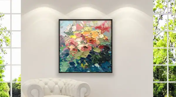Large roses oil painting on canvas by Agostino Veroni displayed in a bright modern living room, showcasing vibrant floral wall decor.