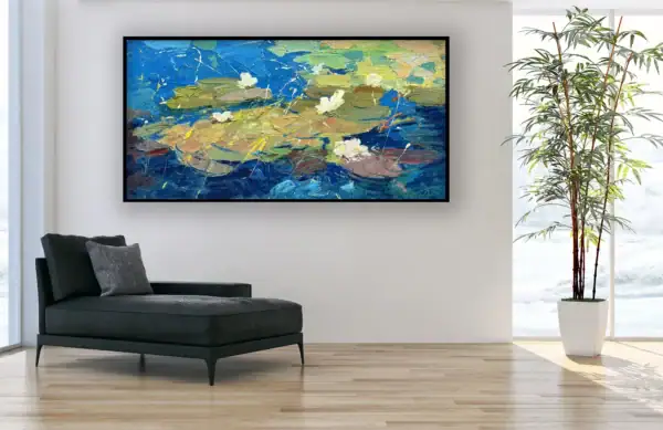 Original water lilies oil painting by Agostino Veroni in a minimalist modern room, demonstrating how vibrant pond art enhances professional and home spaces.