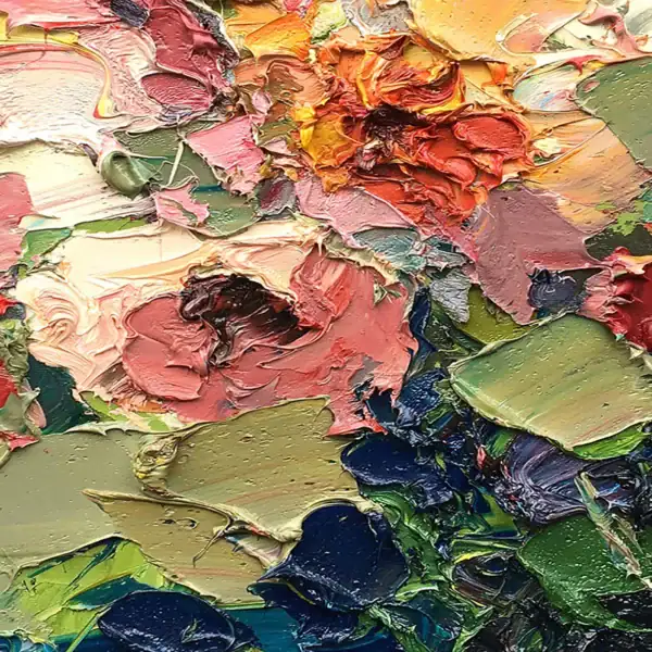 Macro detail of heavy impasto oil paint on a roses painting by Agostino Veroni, showing the thick palette knife texture and vibrant colors.