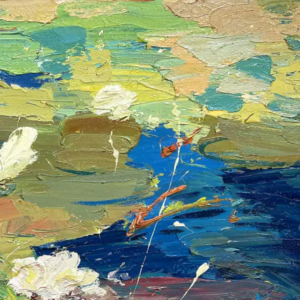 Macro shot of heavy impasto texture on a water lily flower, highlighting the thick palette knife technique and professional oil colors used by Agostino Veroni.