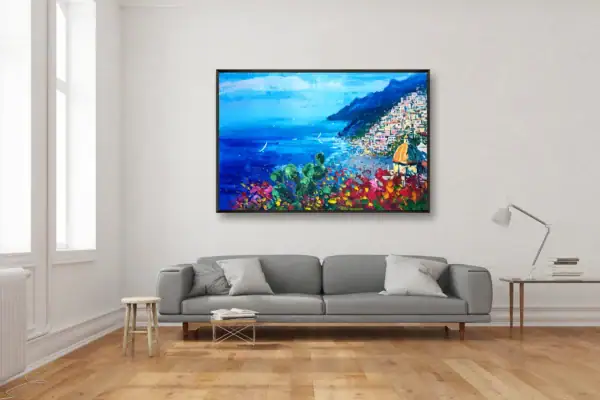 Large original Positano oil painting with vibrant cactus and floral details, hanging above a grey modern sofa in a bright contemporary living room.