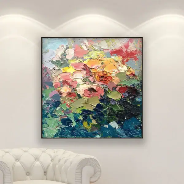 Luxury living room interior featuring a modern roses oil painting by Agostino Veroni on a white wall, perfect for contemporary home styling.