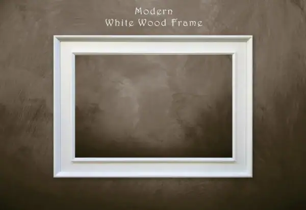 Modern white wood frame displayed around a canvas, clean contemporary style designed for stretched oil paintings