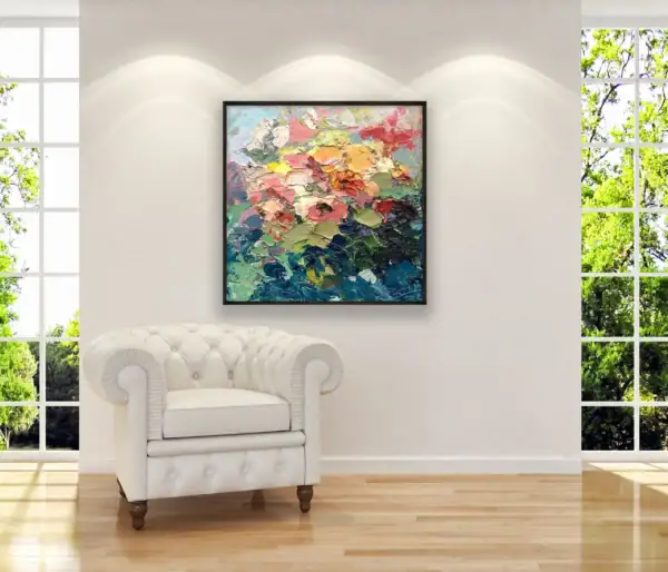 Original floral oil painting by Agostino Veroni above a white sofa, demonstrating how textured art enhances modern apartment interiors.