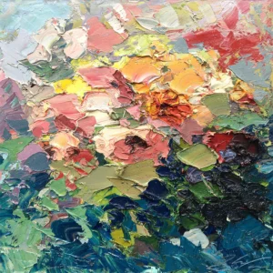 Original roses oil painting with heavy impasto texture and vibrant colors, hand-painted on canvas by Agostino Veroni, featuring a modern impressionist floral garden style.