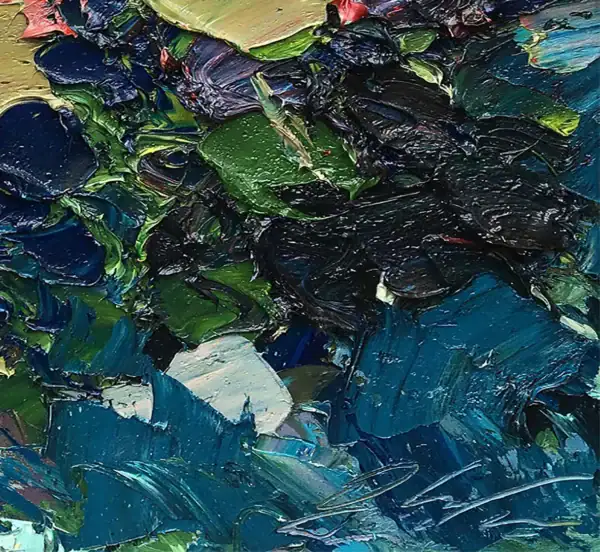 Close-up of artistic palette knife strokes and deep color contrast on an original floral painting, highlighting Agostino Veroni’s unique technique.