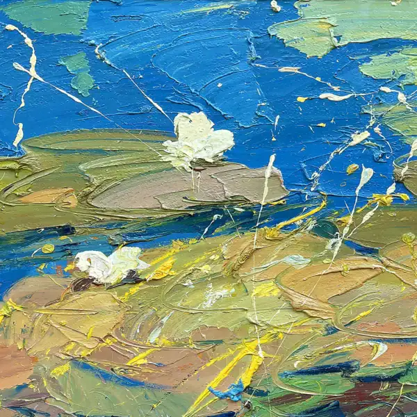 Close-up of deep blue water reflections and artistic palette knife strokes in a modern impressionist water lilies painting.