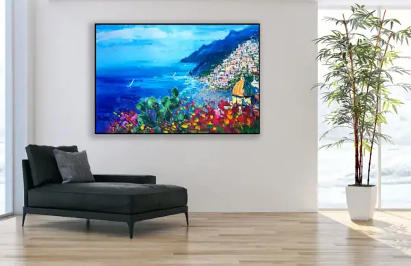 Original Mediterranean oil painting by Agostino Veroni featuring Positano and cactus, displayed in a minimalist lounge above a black designer chaise longue.