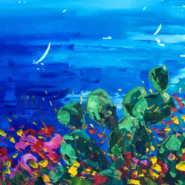 Expressive palette knife texture with layered blues and greens, dynamic brushstrokes creating movement and depth