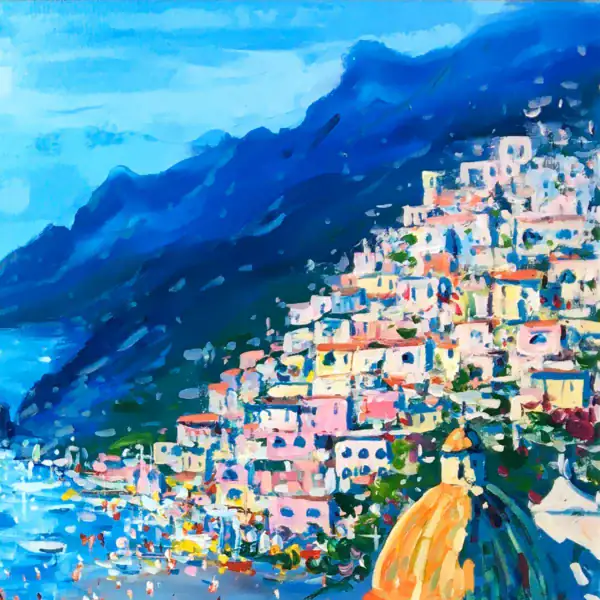 Detailed view of the colorful vertical houses of Positano in an original textured oil painting, highlighting the palette knife technique and rich colors.
