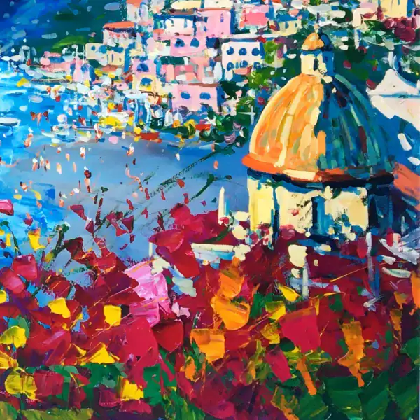 Close-up detail of the vibrant red flowers and the golden church dome in an original Positano oil painting by Agostino Veroni, showing heavy impasto texture.