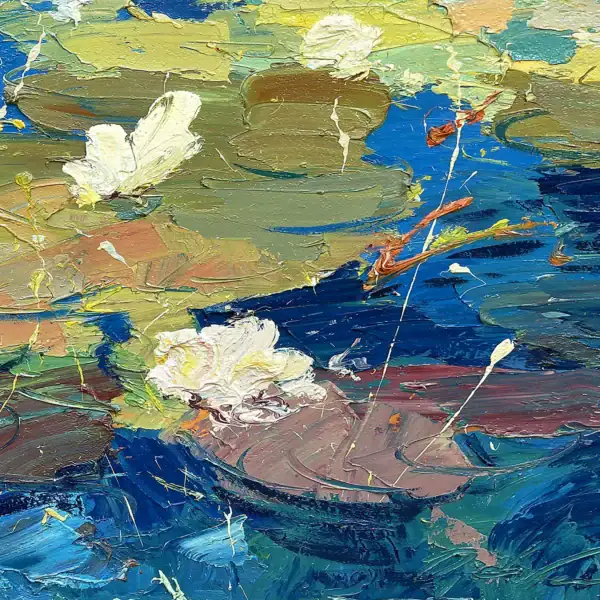 Detailed view of a textured water lily on canvas, showing the vibrant color transitions and the masterful technique of Italian artist Agostino Veroni.