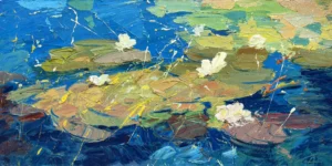 Original water lilies oil painting with heavy impasto texture and deep blue water reflections, hand-painted on canvas by Agostino Veroni in a modern impressionist style.